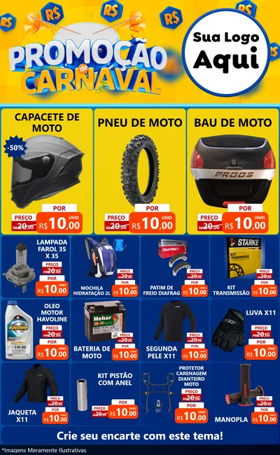 Modelo de Encarte para Encarte Grande com o tema Promoção de Carnaval para Moto peças