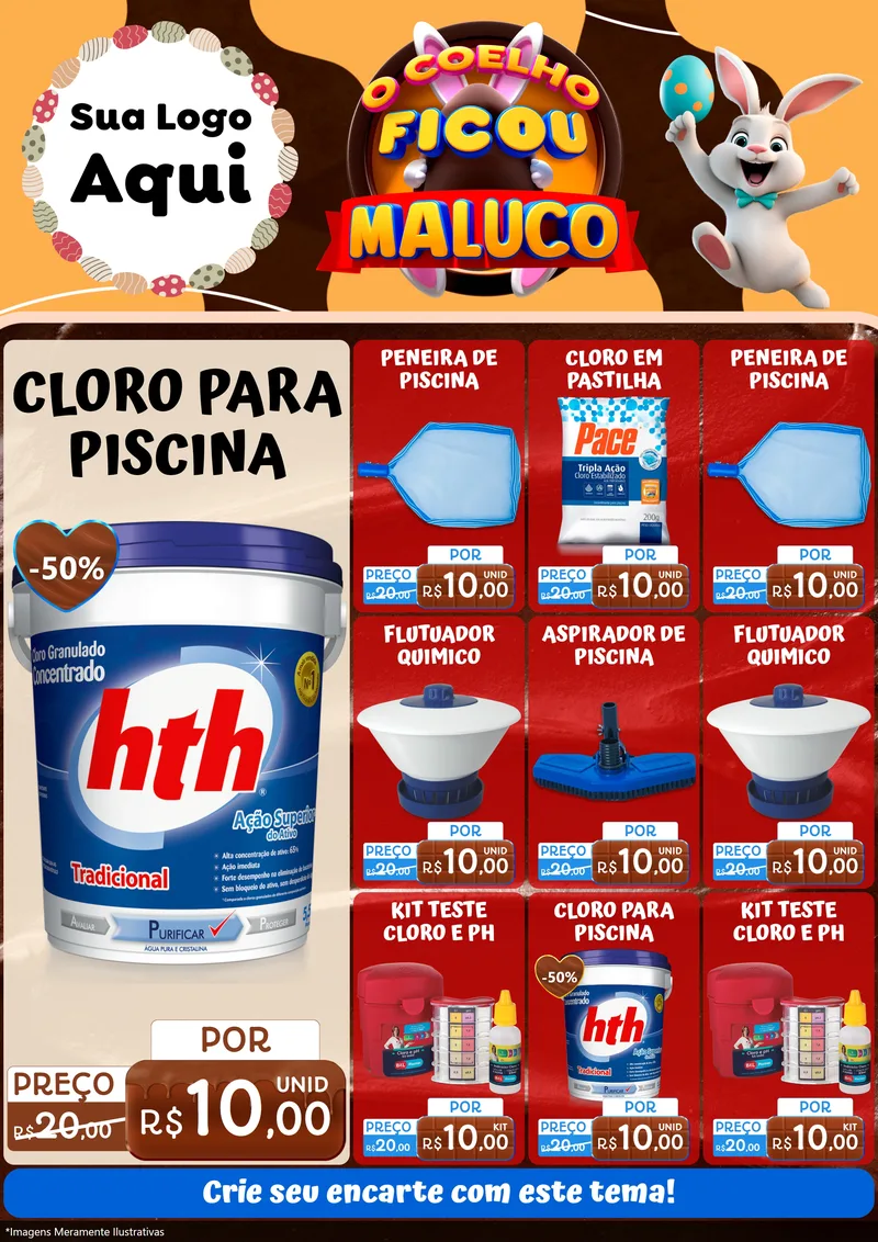 Modelo de Encarte para Encarte A4 Vertical com o tema O Coelho Ficou Maluco - Páscoa para Produtos para Piscina