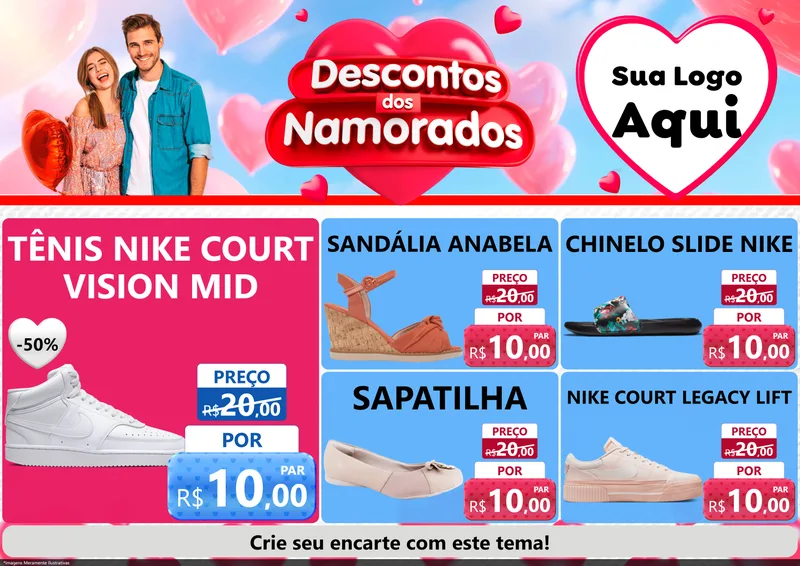 Modelo de Encarte para Encarte A4 Horizontal com o tema Descontos dos Namorados para Calçados