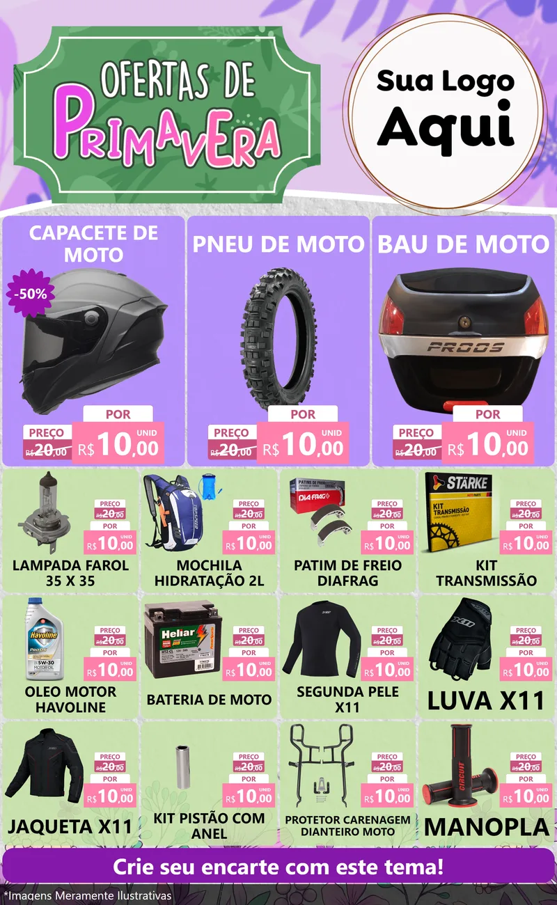 Modelo de Encarte para Encarte Grande com o tema Ofertas de Primavera para Moto peças