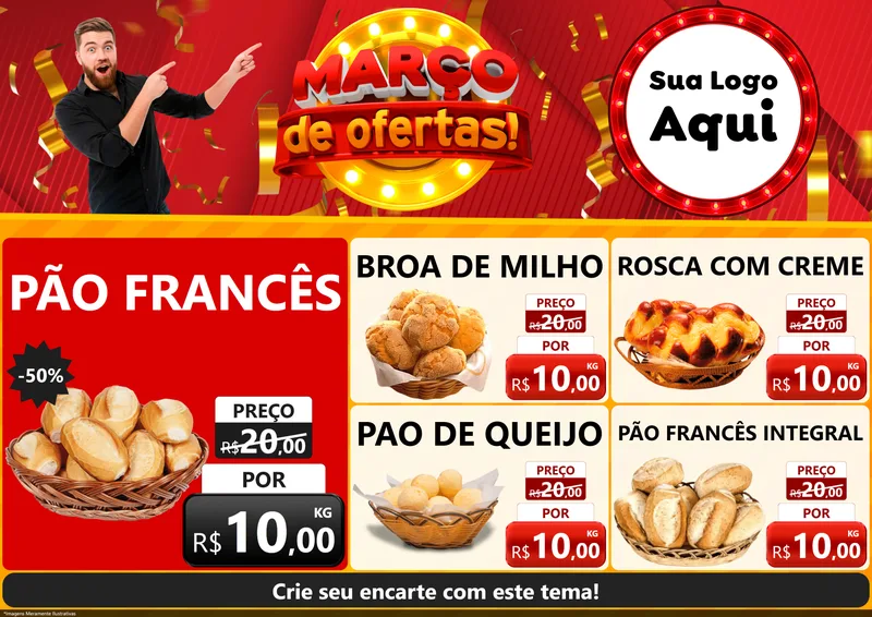 Modelo de Encarte para Encarte A4 Horizontal com o tema Março de Ofertas! para Padaria