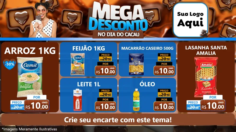Modelo de TV para TV Horizontal com o tema Mega Desconto no Dia do Cacau para Supermercado