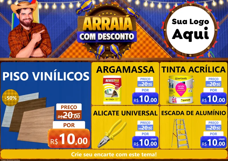 Modelo de Encarte para Encarte A4 Horizontal com o tema Arraiá Com Desconto para Material para Construção