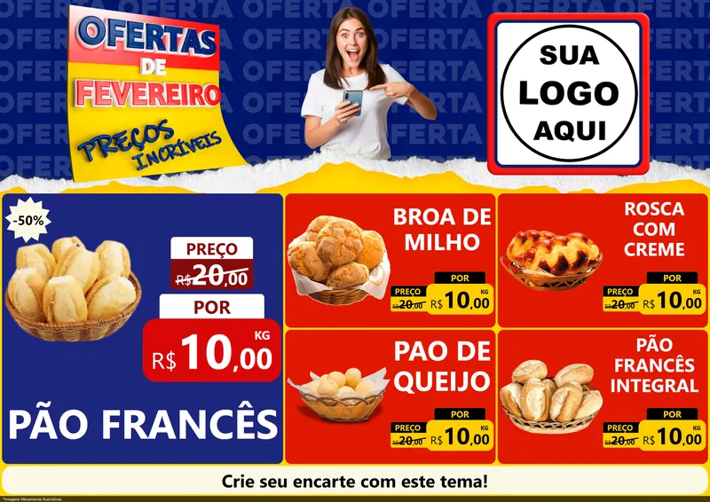 Modelo de Encarte para Encarte A4 Horizontal com o tema Ofertas de Fevereiro - Preços Incríveis para Padaria