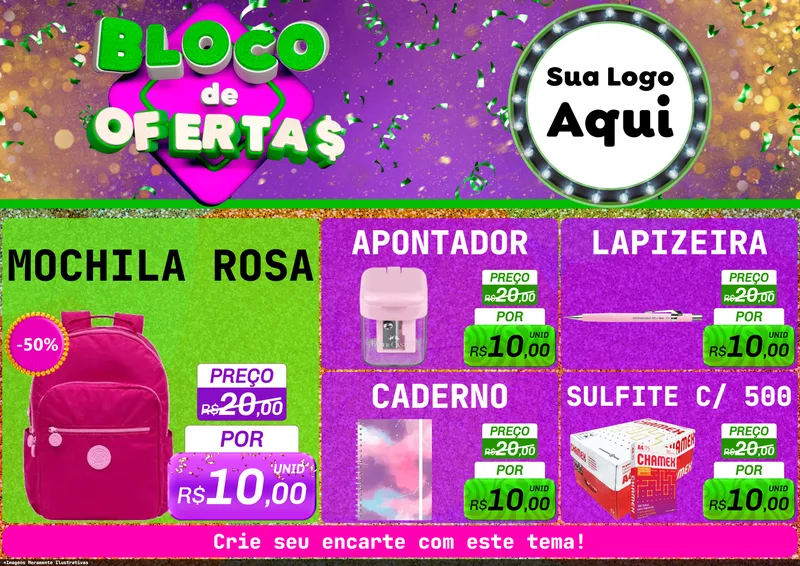 Modelo de Encarte para Encarte A4 Horizontal com o tema Bloco de Ofertas para Papelaria