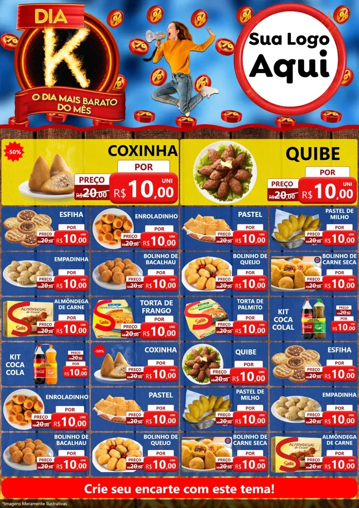 Modelo de Encarte para Encarte A4 Vertical com o tema Dia K - O Dia Mais Barato Do Mês para Salgadaria