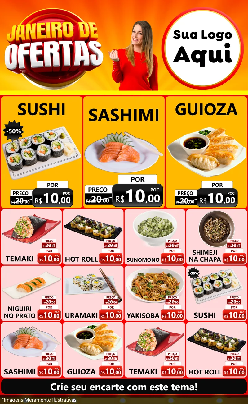Modelo de Encarte para Encarte Grande com o tema Janeiro de Ofertas para Comida japonesa