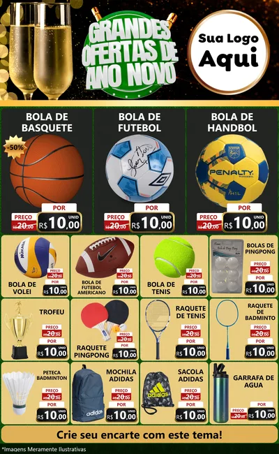 Modelo de Encarte para Encarte Grande com o tema Grandes Ofertas de Ano Novo para Artigos Esportivos