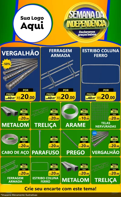 Modelo de Encarte para Encarte Grande com o tema Semana da Independência Declaramos Preços Baixos para Ferragens