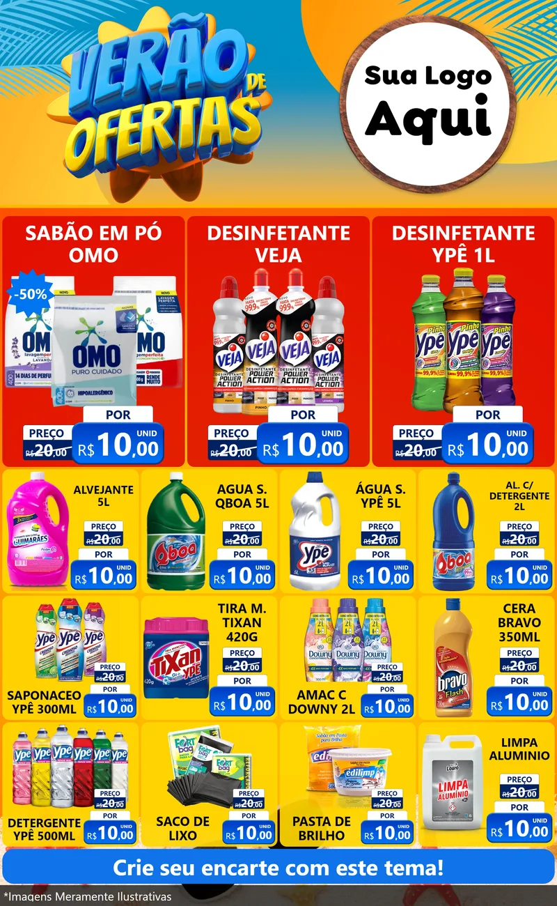 Modelo de Encarte para Encarte Grande com o tema Verão de Ofertas para Produtos de Limpeza