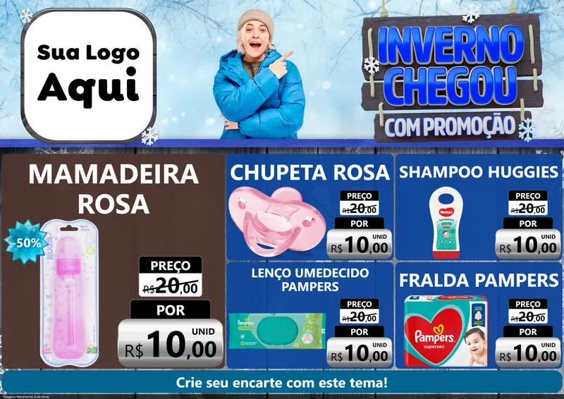 Modelo de Encarte para Encarte A4 Horizontal com o tema Inverno Chegou Com Promoção para Bebês