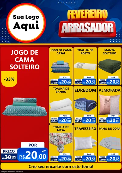 Modelo de Encarte para Encarte A4 Vertical com o tema Fevereiro Arrasador para Cama, Mesa e Banho