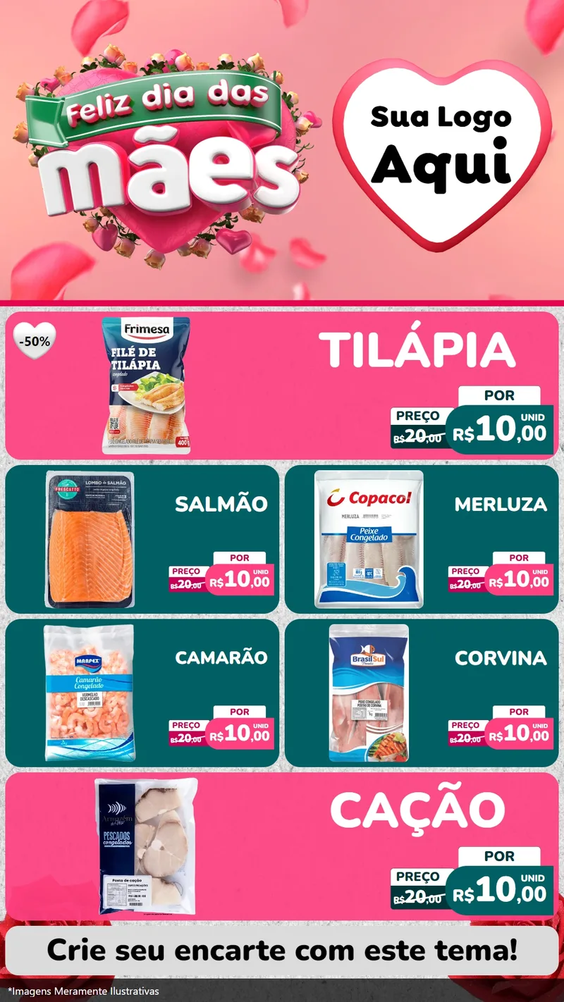 Modelo de TV para TV Vertical com o tema Feliz Dia das Mães para Peixaria