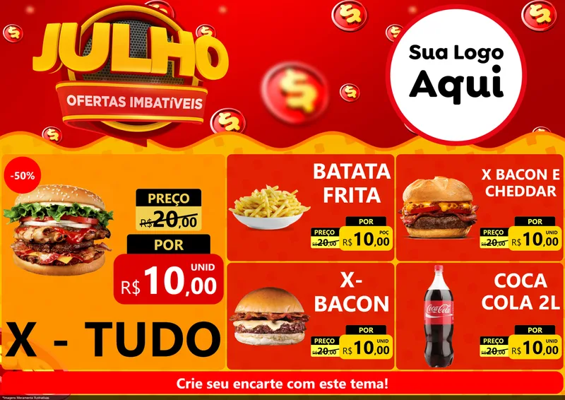 Modelo de Encarte para Encarte A4 Horizontal com o tema Julho Ofertas Imbatíveis para Hamburgueria