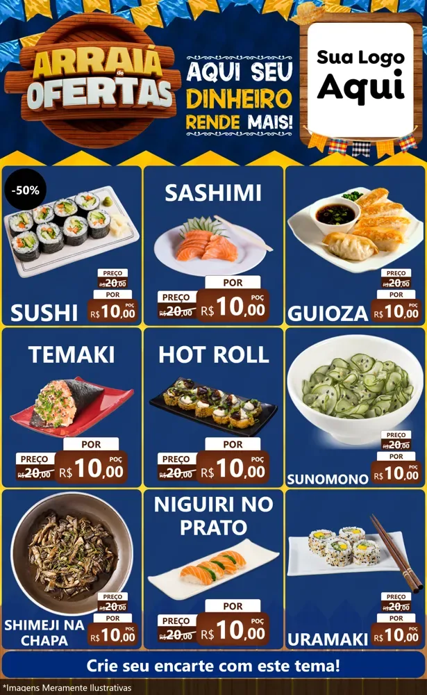 Modelo de Encarte para Encarte Grande com o tema Arraiá de Ofertas - Junina para Comida japonesa