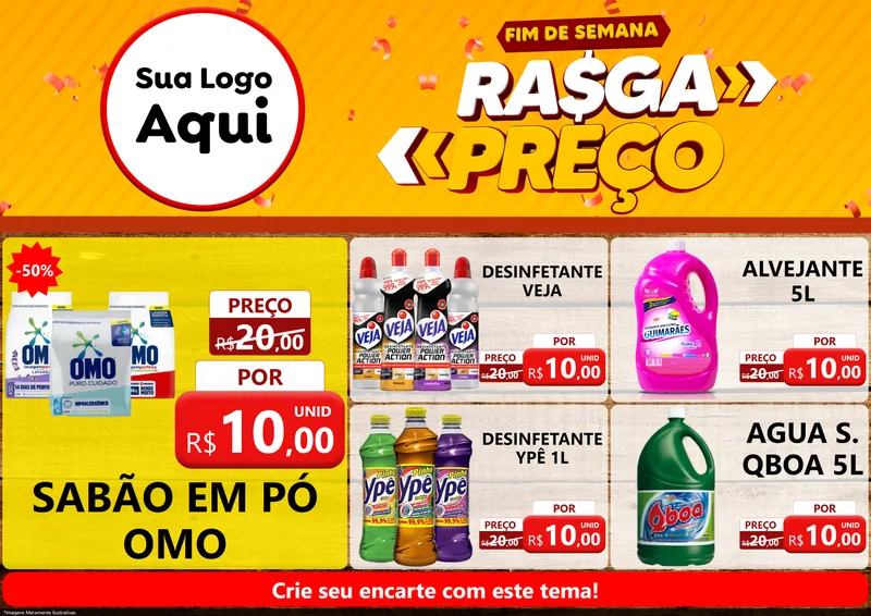 Modelo de Encarte para Encarte A4 Horizontal com o tema Fim de Semana Rasga Preços para Produtos de Limpeza