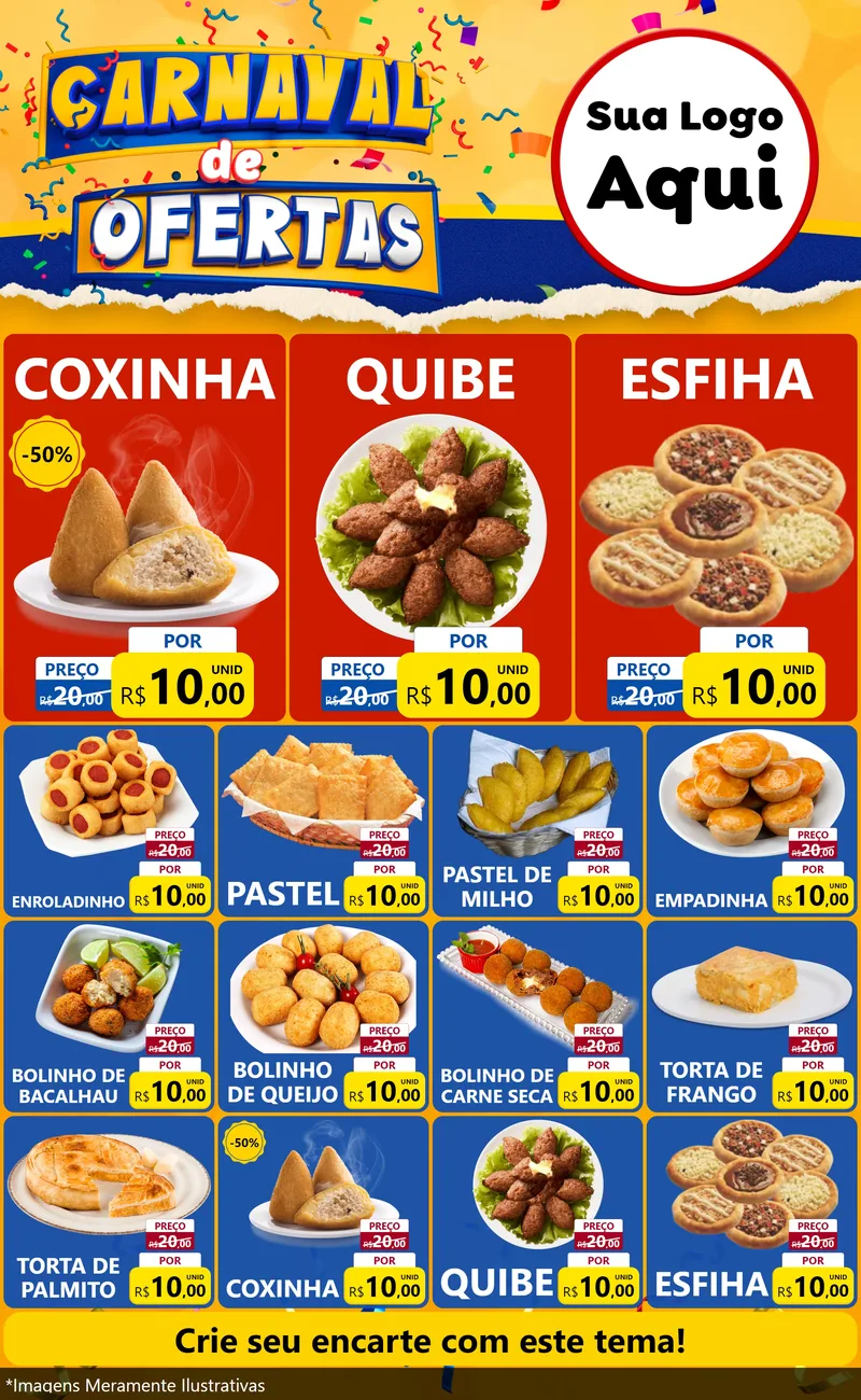 Modelo de Encarte para Encarte Grande com o tema Carnaval de Ofertas para Salgadaria