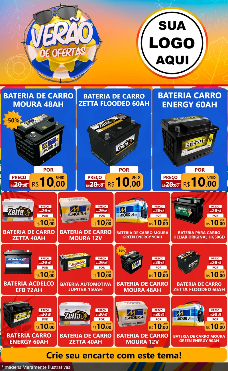 Modelo de Encarte para Encarte Grande com o tema Verão de Ofertas para Baterias Elétricas