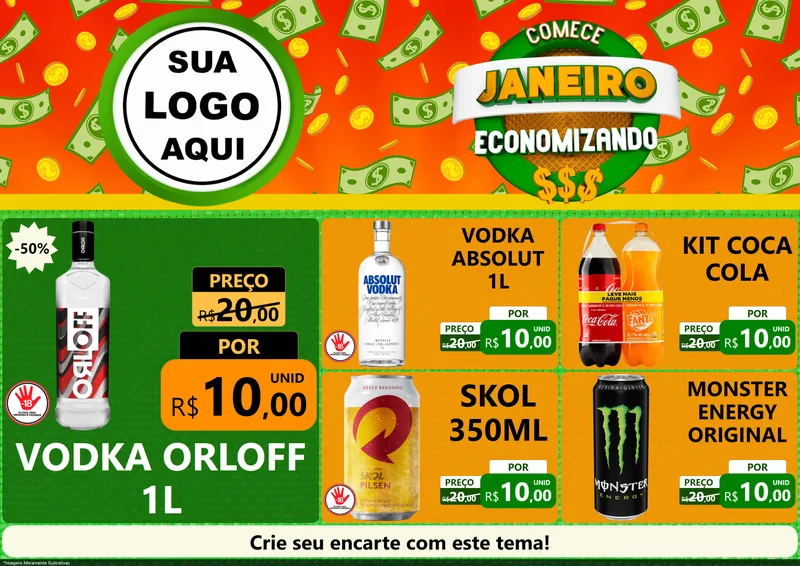 Modelo de Encarte para Encarte A4 Horizontal com o tema Comece Janeiro Economizando para Distribuidora de bebidas