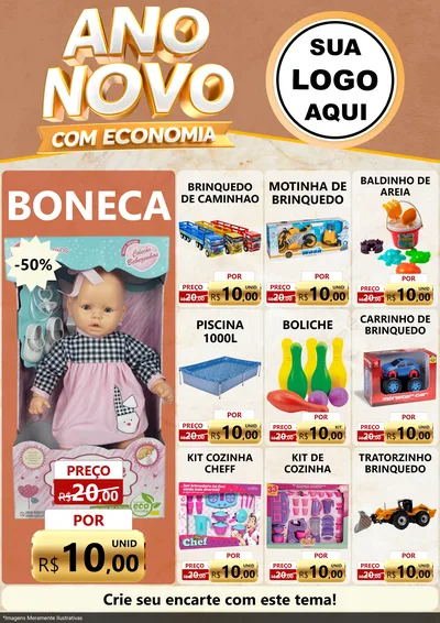 Modelo de Encarte para Encarte A4 Vertical com o tema Ano Novo Com Economia para Brinquedos