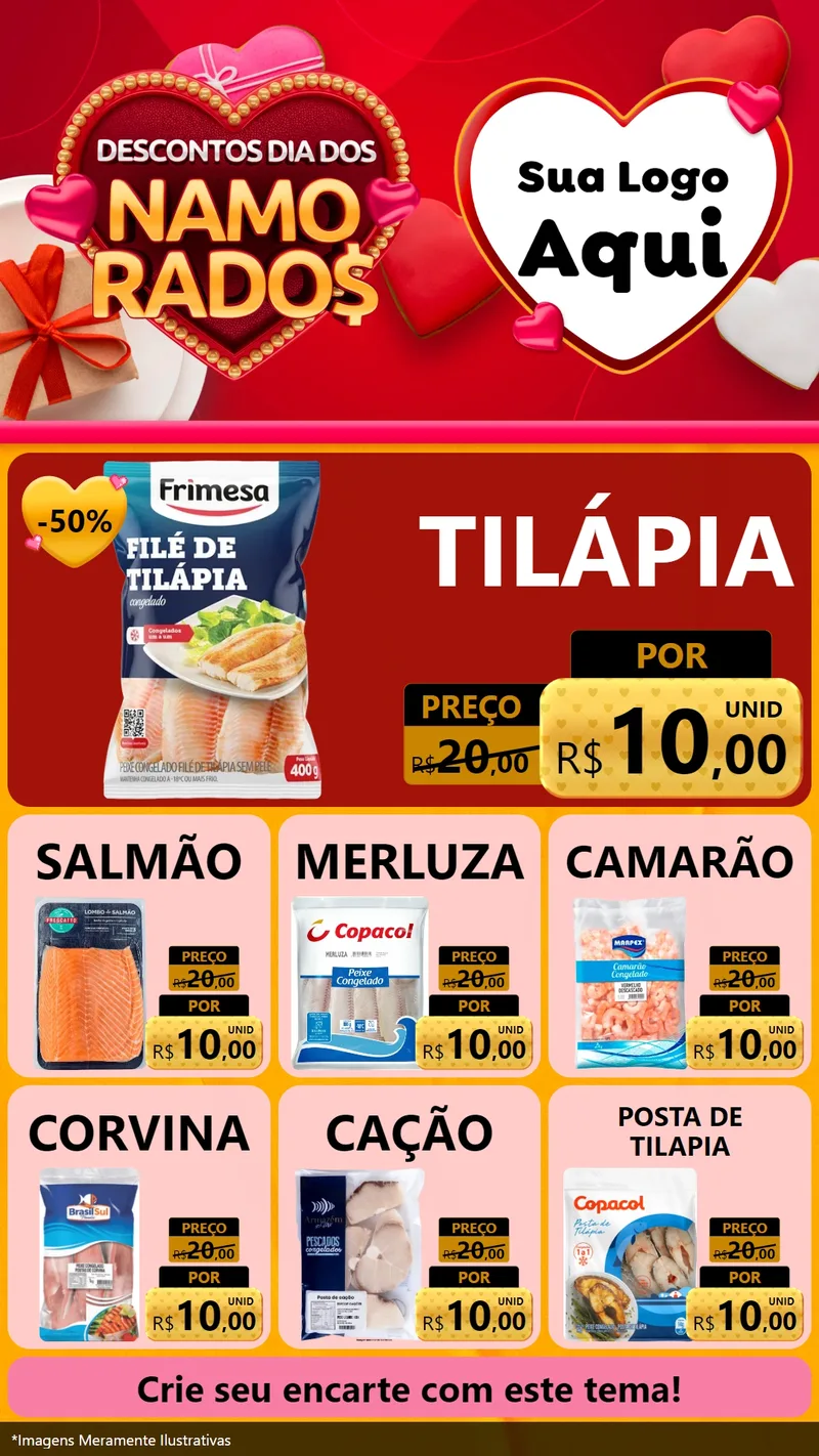 Modelo de Rede Social para Stories com o tema Descontos Dia dos Namorados para Peixaria