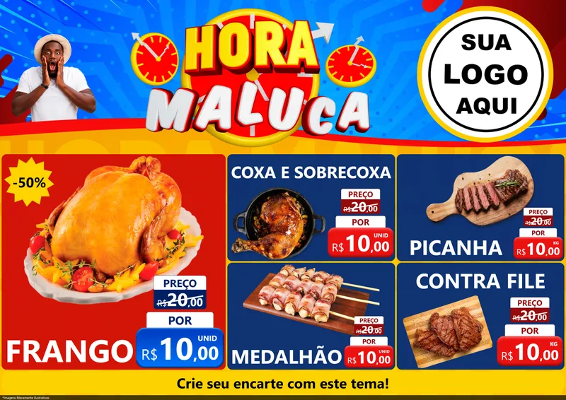 Modelo de Encarte para Encarte A4 Horizontal com o tema Hora Maluca para Assados