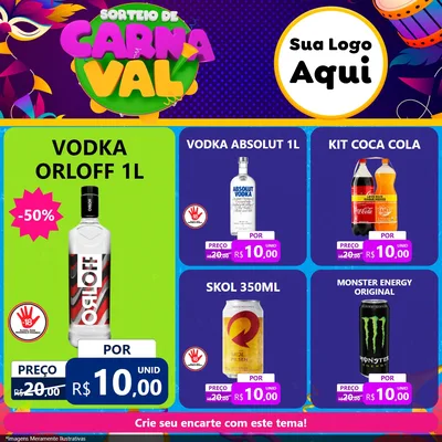 Modelo de Rede Social para Feed Facebook com o tema Sorteio de Carnaval para Distribuidora de bebidas