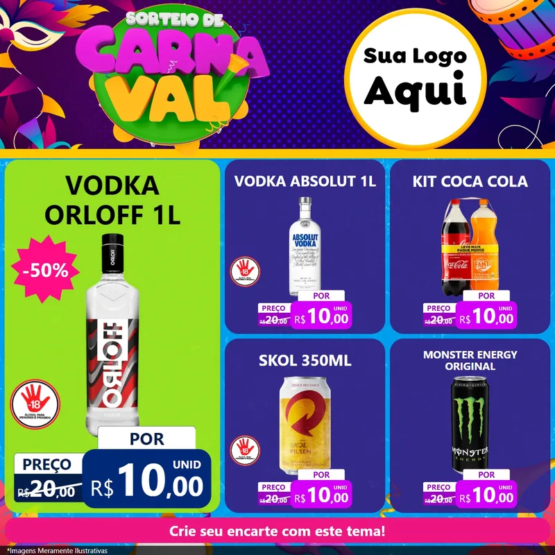 Modelo de Rede Social para Feed Facebook com o tema Sorteio de Carnaval para Distribuidora de bebidas