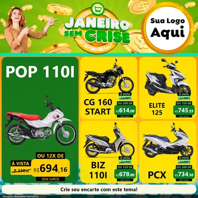 Modelo de Rede Social para Feed Facebook com o tema Janeiro Sem Crise para Concessionaria de Motos