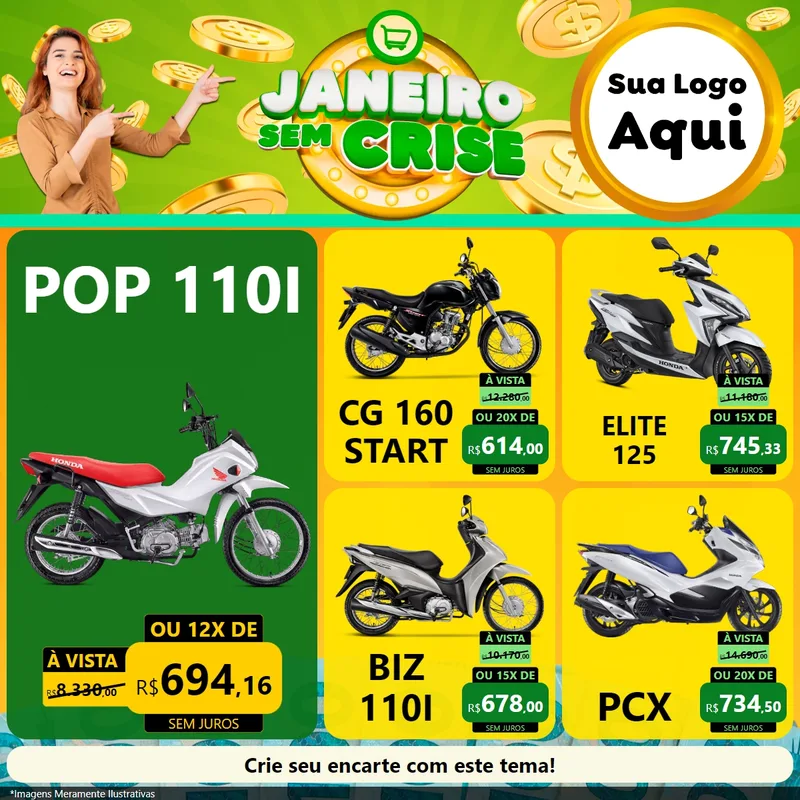 Modelo de Rede Social para Feed Facebook com o tema Janeiro Sem Crise para Concessionaria de Motos