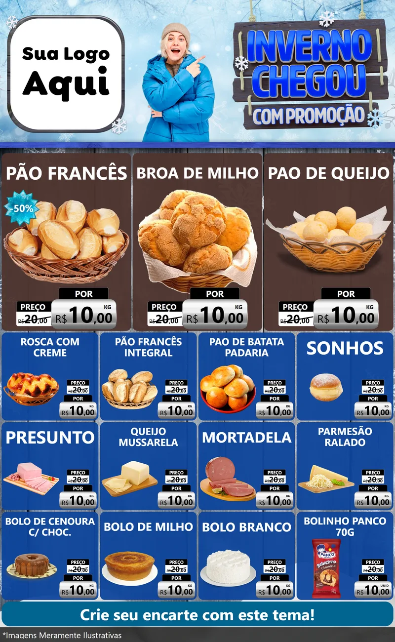 Modelo de Encarte para Encarte Grande com o tema Inverno Chegou Com Promoção para Padaria