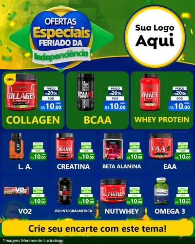 Modelo de Rede Social para Feed Instagram com o tema Ofertas Especiais Feriado da Independência para Suplementos alimentares