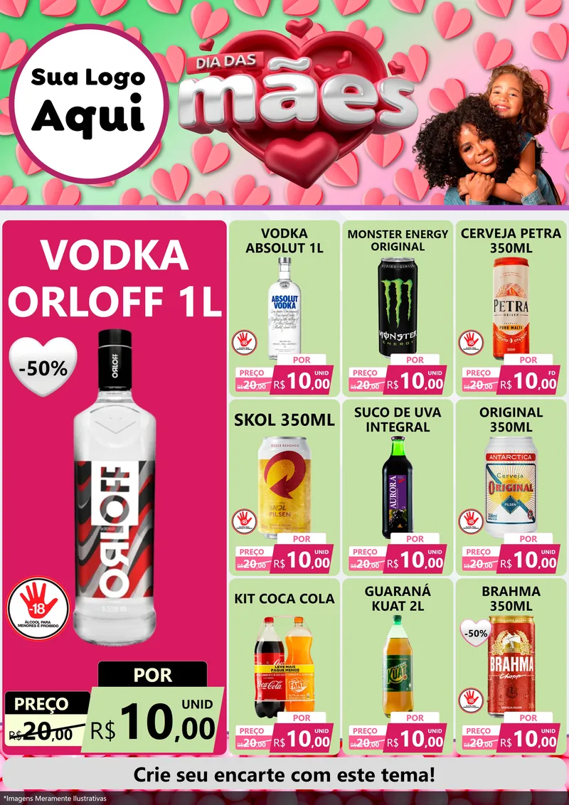 Modelo de Encarte para Encarte A4 Vertical com o tema Dia das Mães para Distribuidora de bebidas