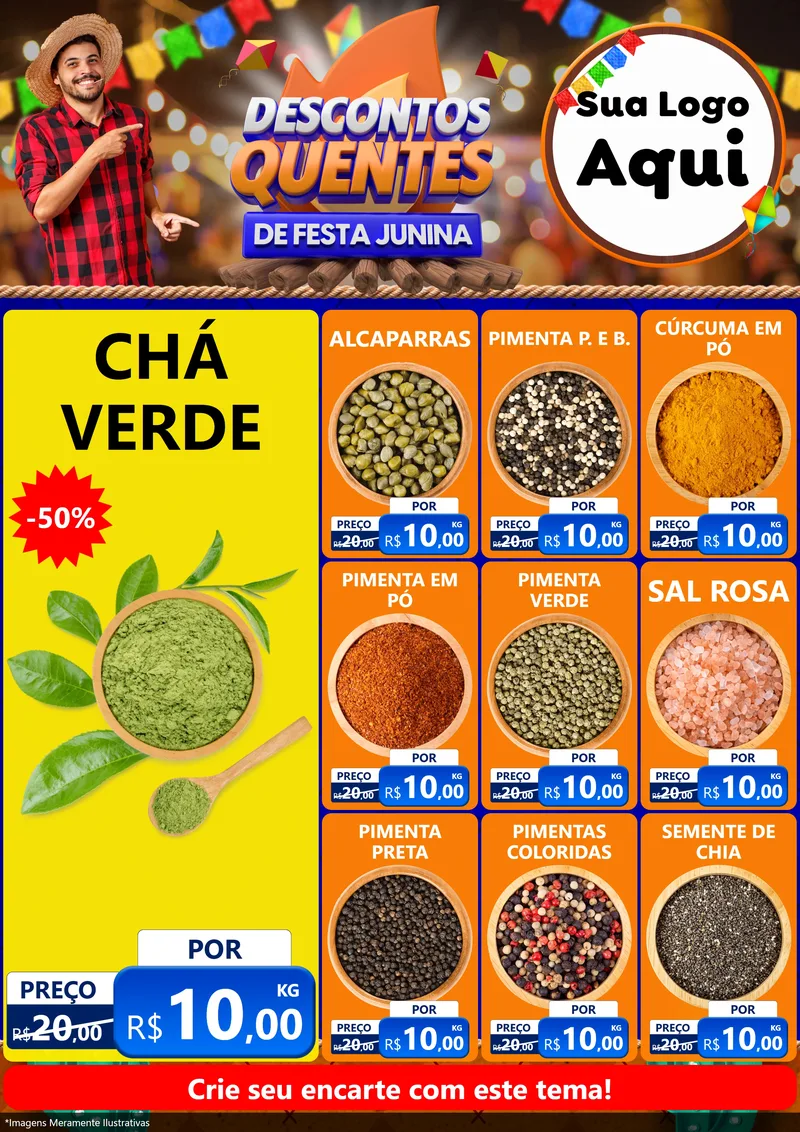 Modelo de Encarte para Encarte A4 Vertical com o tema Descontos Quentes de Festa Junina para Produtos Naturais