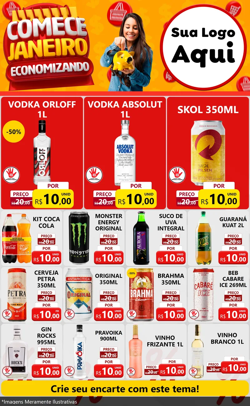 Modelo de Encarte para Encarte Grande com o tema Comece Janeiro Economizando para Distribuidora de bebidas