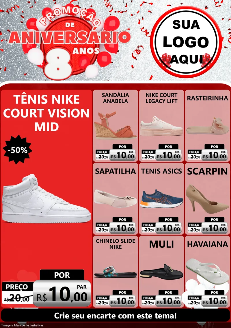 Modelo de Encarte para Encarte A4 Vertical com o tema Promoção de Aniversário - 8 Anos para Calçados