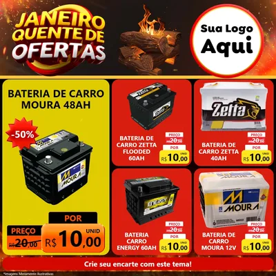 Modelo de Rede Social para Feed Facebook com o tema Janeiro Quente de Ofertas para Baterias Elétricas