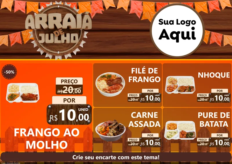 Modelo de Encarte para Encarte A4 Horizontal com o tema Arraiá de Julho - Junina para Restaurante