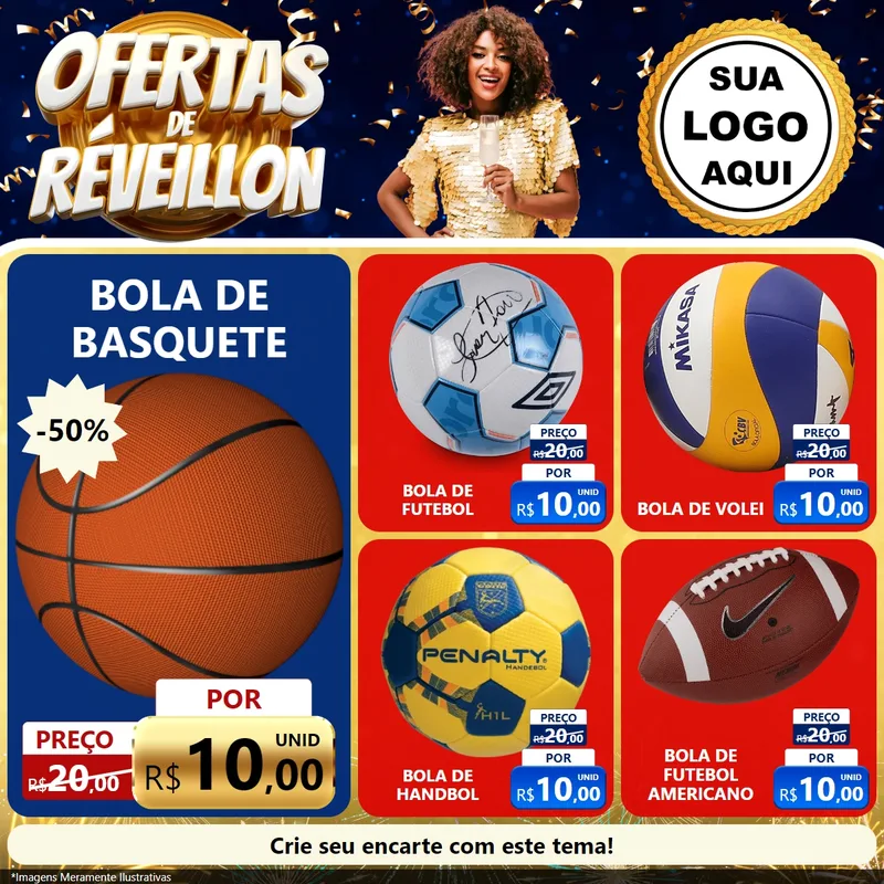 Modelo de Rede Social para Feed Facebook com o tema Ofertas de Réveillon para Artigos Esportivos