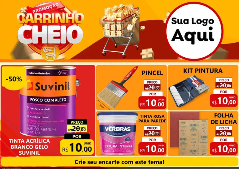Modelo de Encarte para Encarte A4 Horizontal com o tema Promoção carrinho cheio para Tintas e Ferramentas