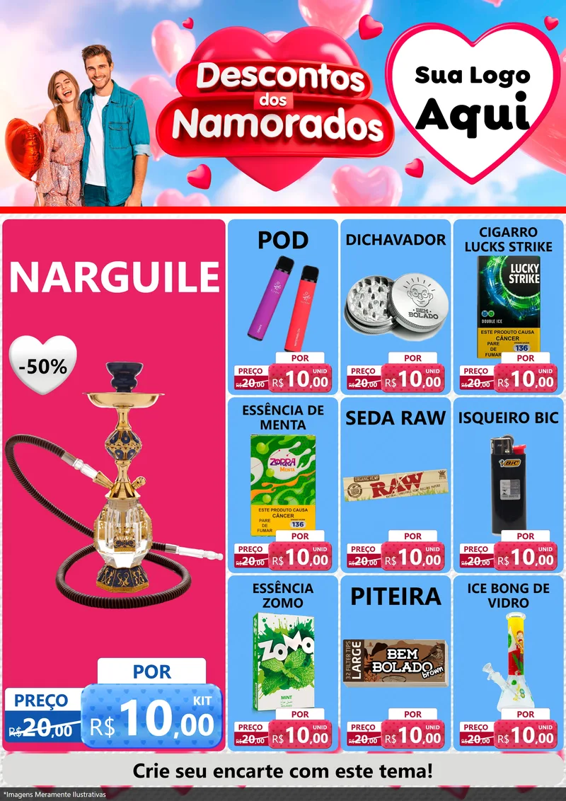 Modelo de Encarte para Encarte A4 Vertical com o tema Descontos dos Namorados para Tabacaria