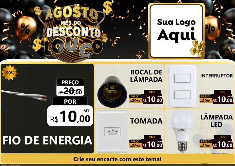 Modelo de Encarte para Encarte A4 Horizontal com o tema Agosto Mês do Desconto Louco para Materiais Elétricos