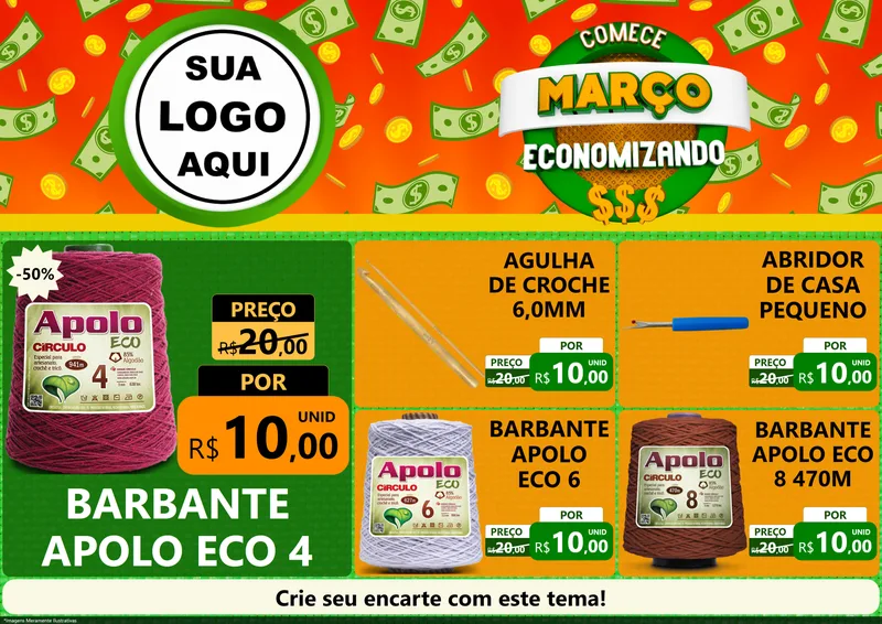 Modelo de Encarte para Encarte A4 Horizontal com o tema Comece Março Economizando para Armarinho e Aviamentos