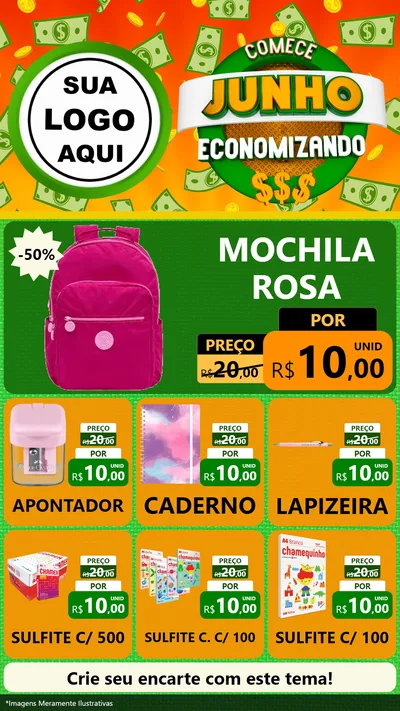 Modelo de Rede Social para Stories com o tema Comece Junho Economizando para Papelaria