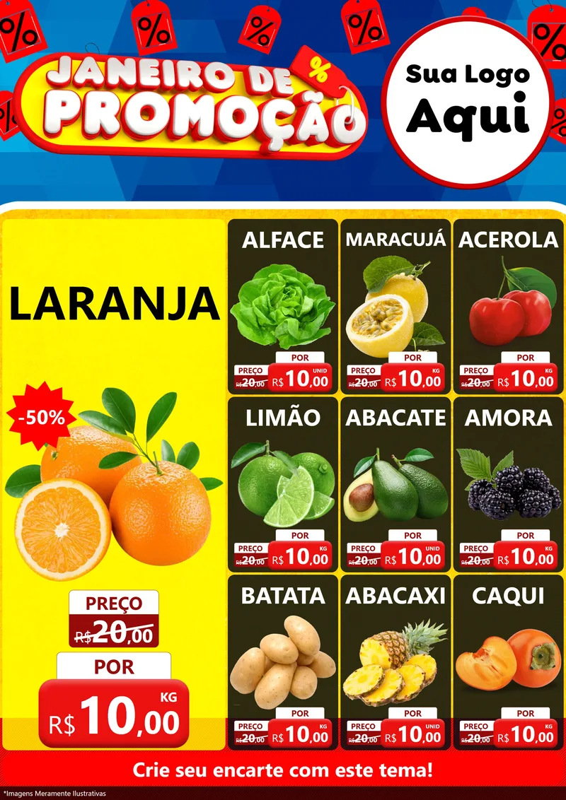 Modelo de Encarte para Encarte A4 Vertical com o tema Janeiro de Promoção para Hortifrúti