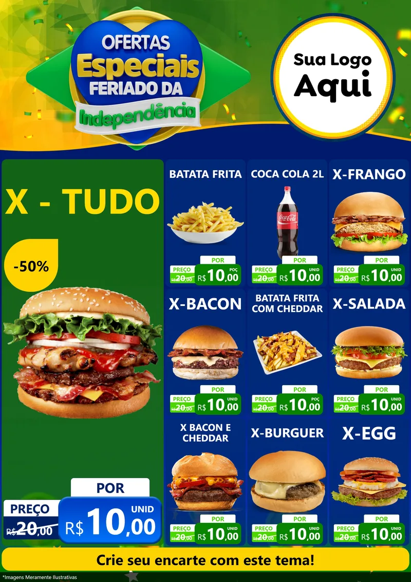 Modelo de Encarte para Encarte A4 Vertical com o tema Ofertas Especiais Feriado da Independência para Hamburgueria
