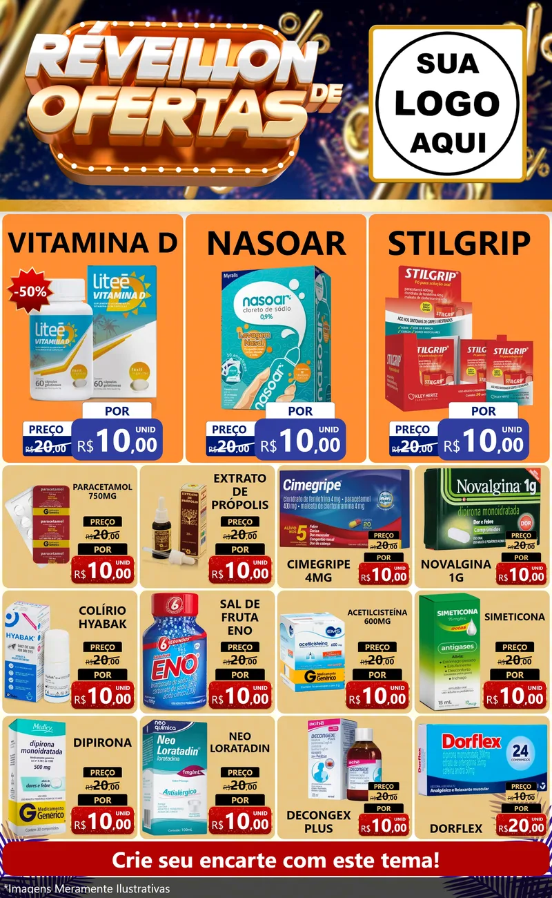 Modelo de Encarte para Encarte Grande com o tema Réveillon de Ofertas para Farmácia