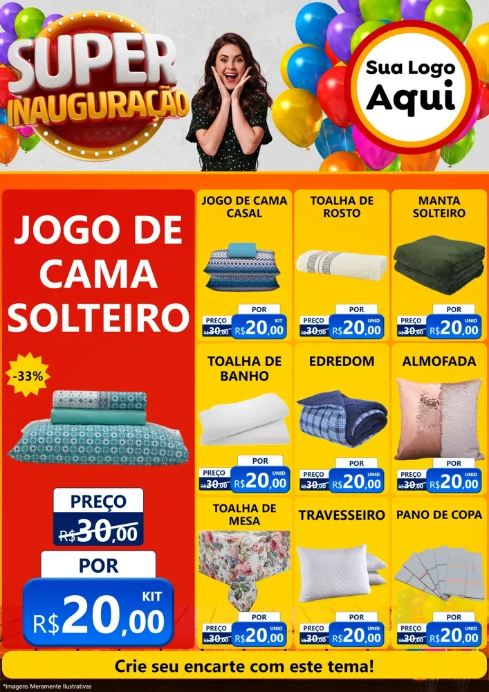 Modelo de Encarte para Encarte A4 Vertical com o tema Super Inauguração para Cama, Mesa e Banho