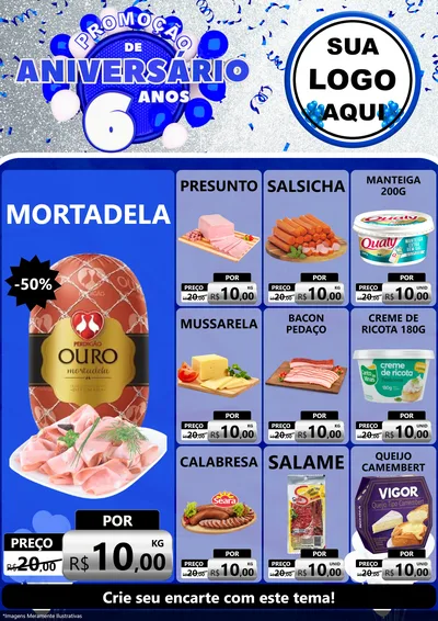 Modelo de Encarte para Encarte A4 Vertical com o tema Promoção de Aniversário - 6 Anos para Frios e Laticínios