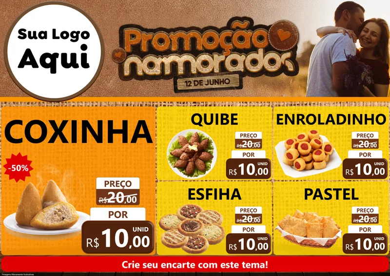Modelo de Encarte para Encarte A4 Horizontal com o tema Promoção Namorados para Salgadaria